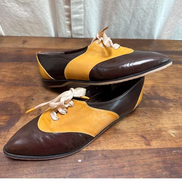 Glacée Vintage Italian Leather Women's Size 8 1/2 Lace Up Shoe Two Toned Brown - Picture 1 of 11
